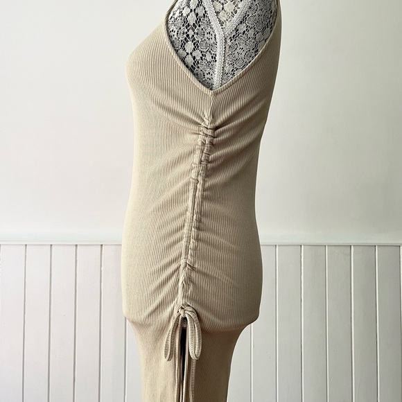Zara Tan Ribbed Knit Ruched Drawstring Bodycon Dress Size S - Picture 8 of 15